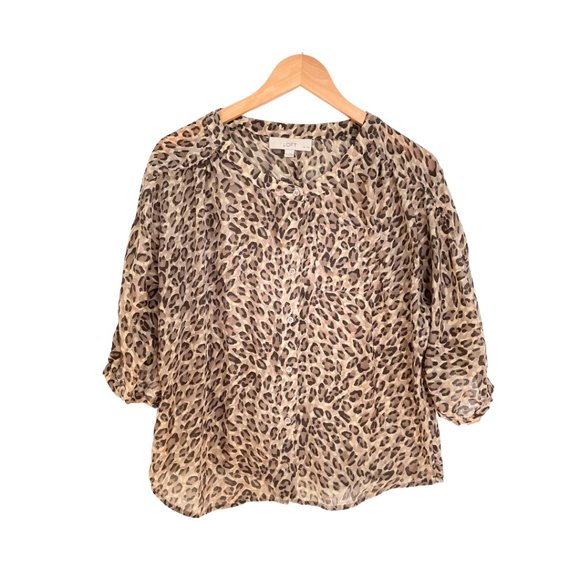 Loft Blouse Women Small Petite Brown Tan Animal Print Ann Taylor Leopard Shirt - Picture 2 of 14